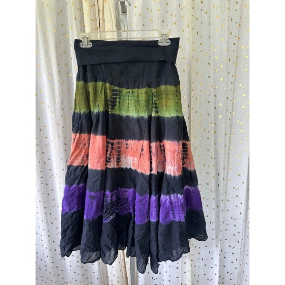 Now And Then Bohemian Stripe Tie Dye Fold Over Whimsical Flare Midi Maxi Skirt S - Picture 3 of 5